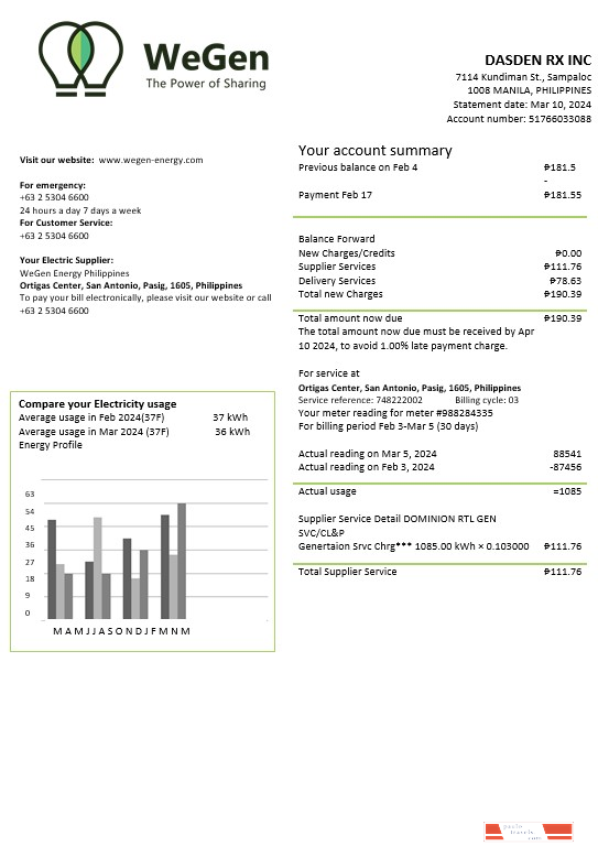 Philippines WeGen Energy Philippines business utility bill template in Word and PDF formats